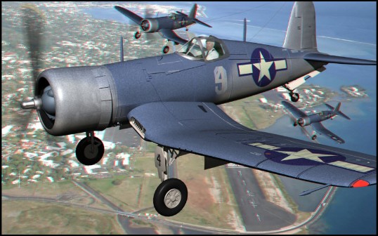 3D Stereoscopic Anaglyph optical illusion Flying Aircraft and pilot F4U Corsair